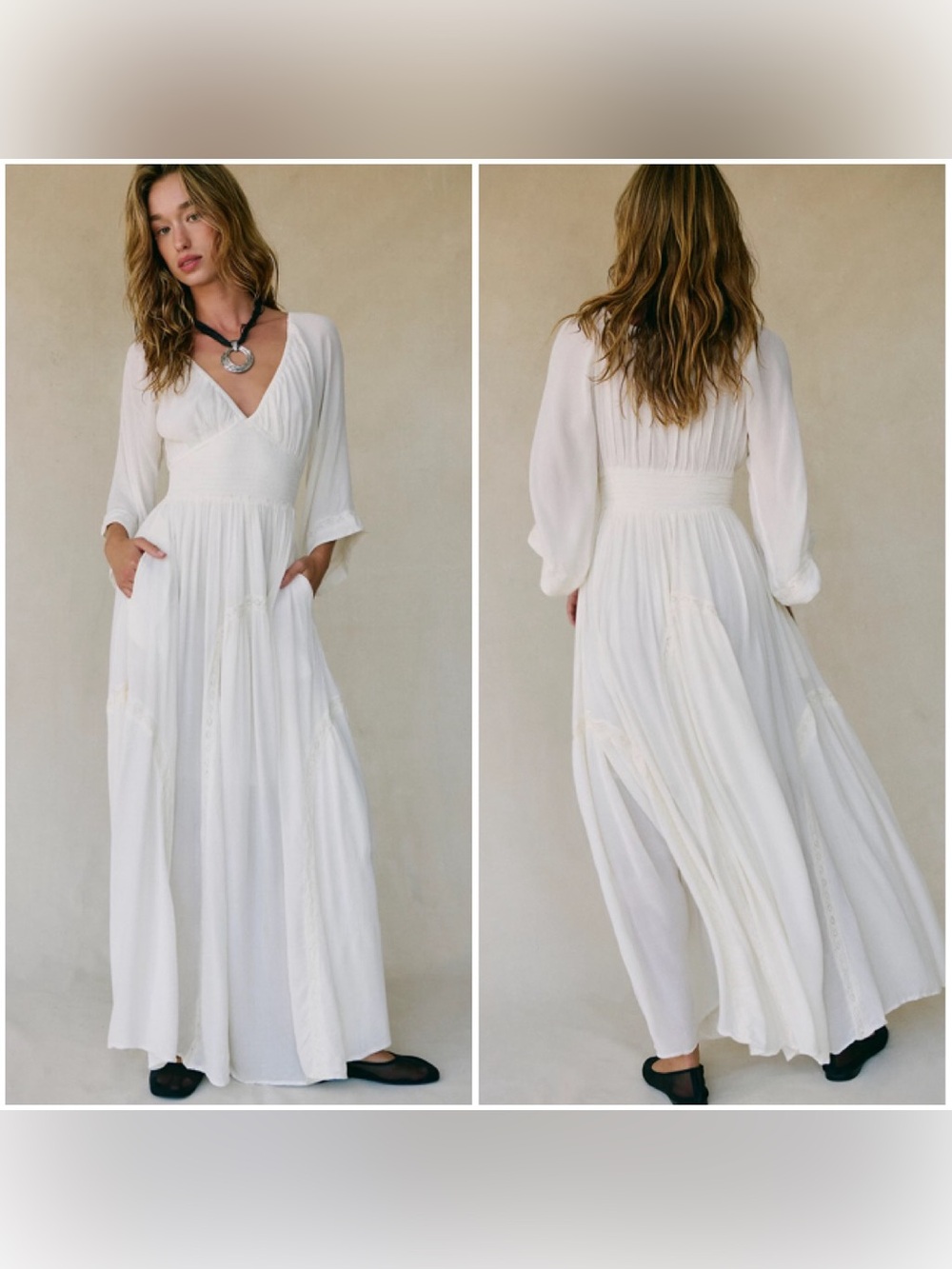 Free People Dixie Maxi Dress Womens M Long Sleeve Ivory Egret Bridal Ethereal